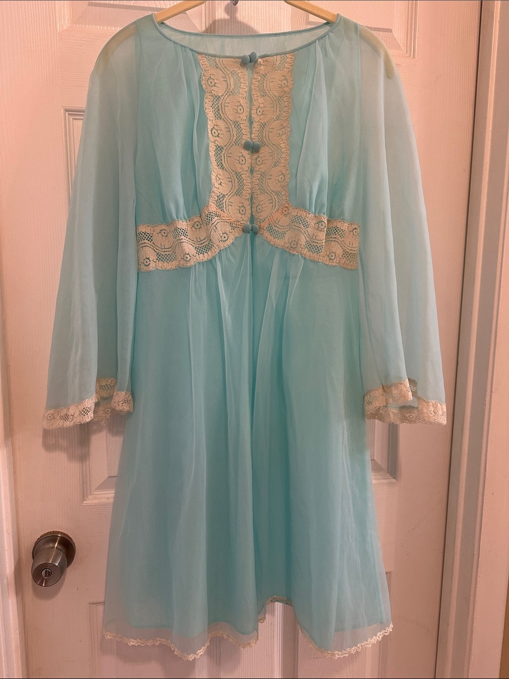 Gossard Artemis Vintage Light Blue Lace-Trim Button Nightgown Cover